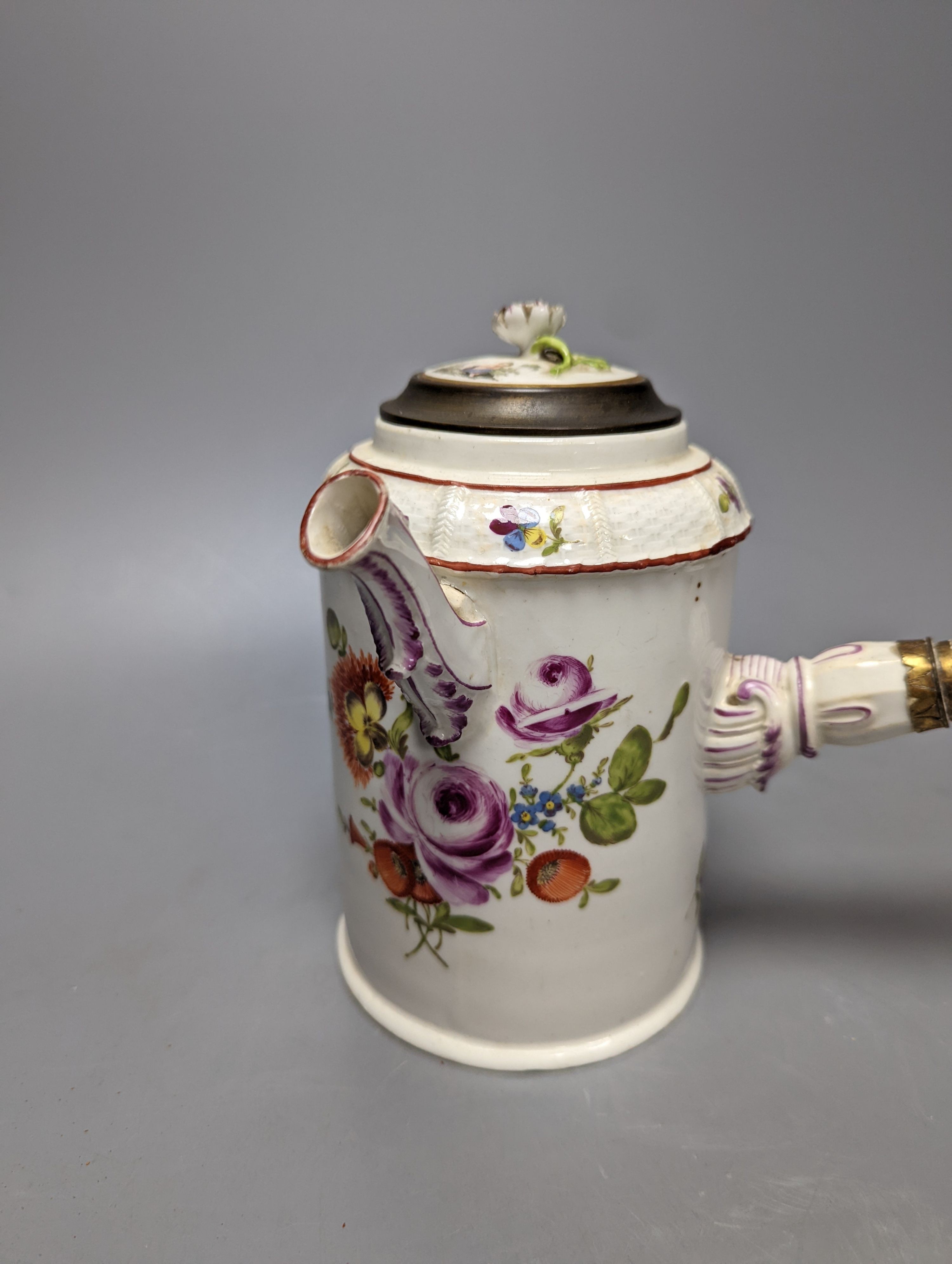 A Ludwigsburg chocolate pot, late 18th century, 18cm, associated ormolu mounted cover